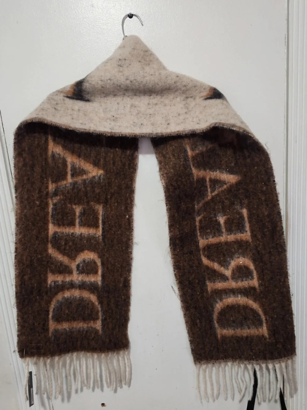 Dream Text Wool Blend Fringe Scarf - Beige/Black By Sprigs